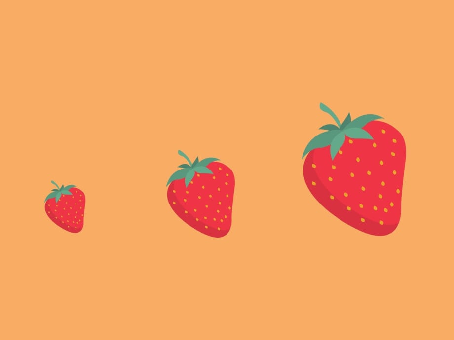 3 strawberries on an orange background growing in size from left to right.