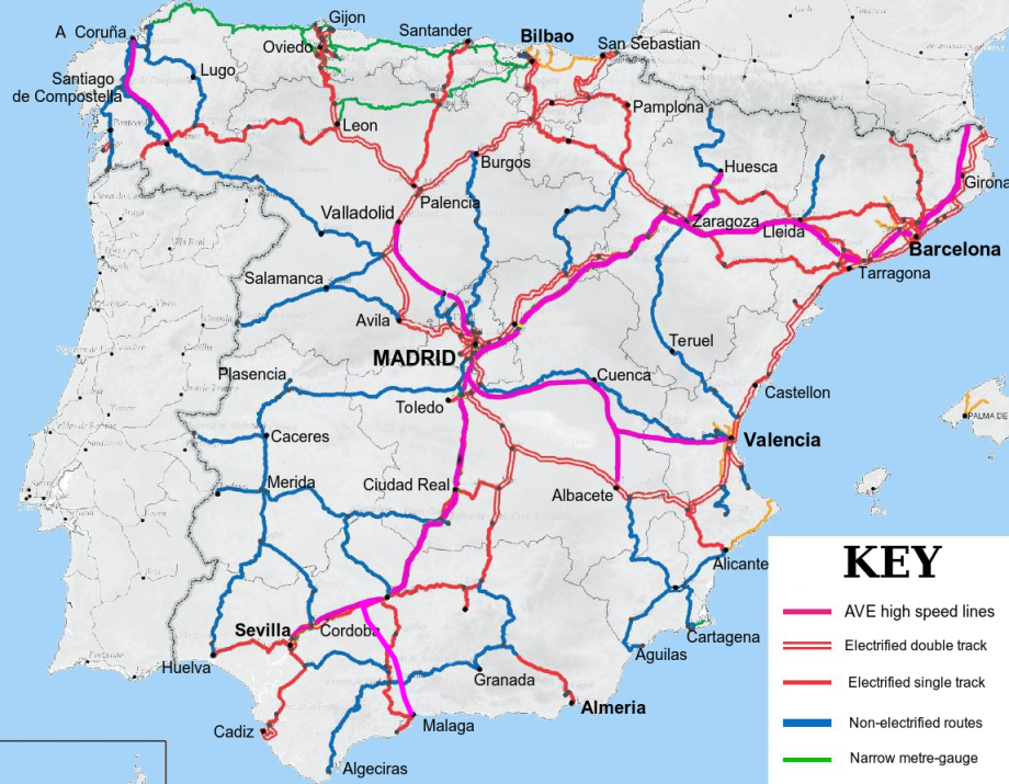 Spain Railway Map.